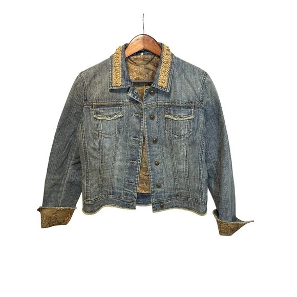 Elie Tahari Jackets & Blazers - Elie Tahari Womens Beaded Collar Denim Jacket Floral Lining Button Front Size L